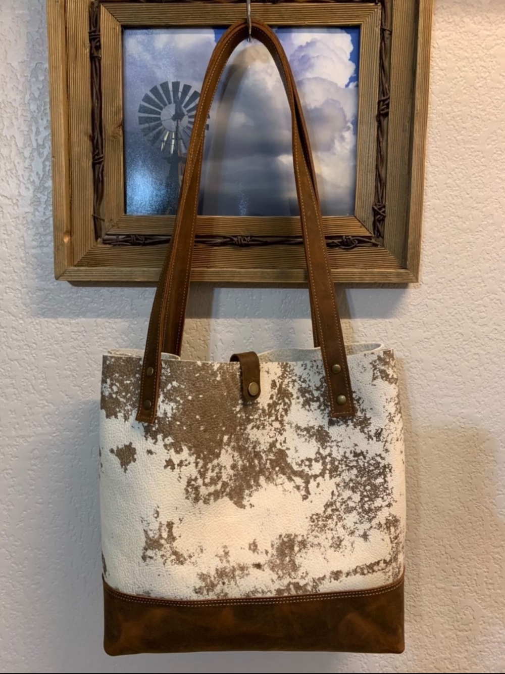 Women's Cream and Brown cowhide leather tote Bag with brown trim